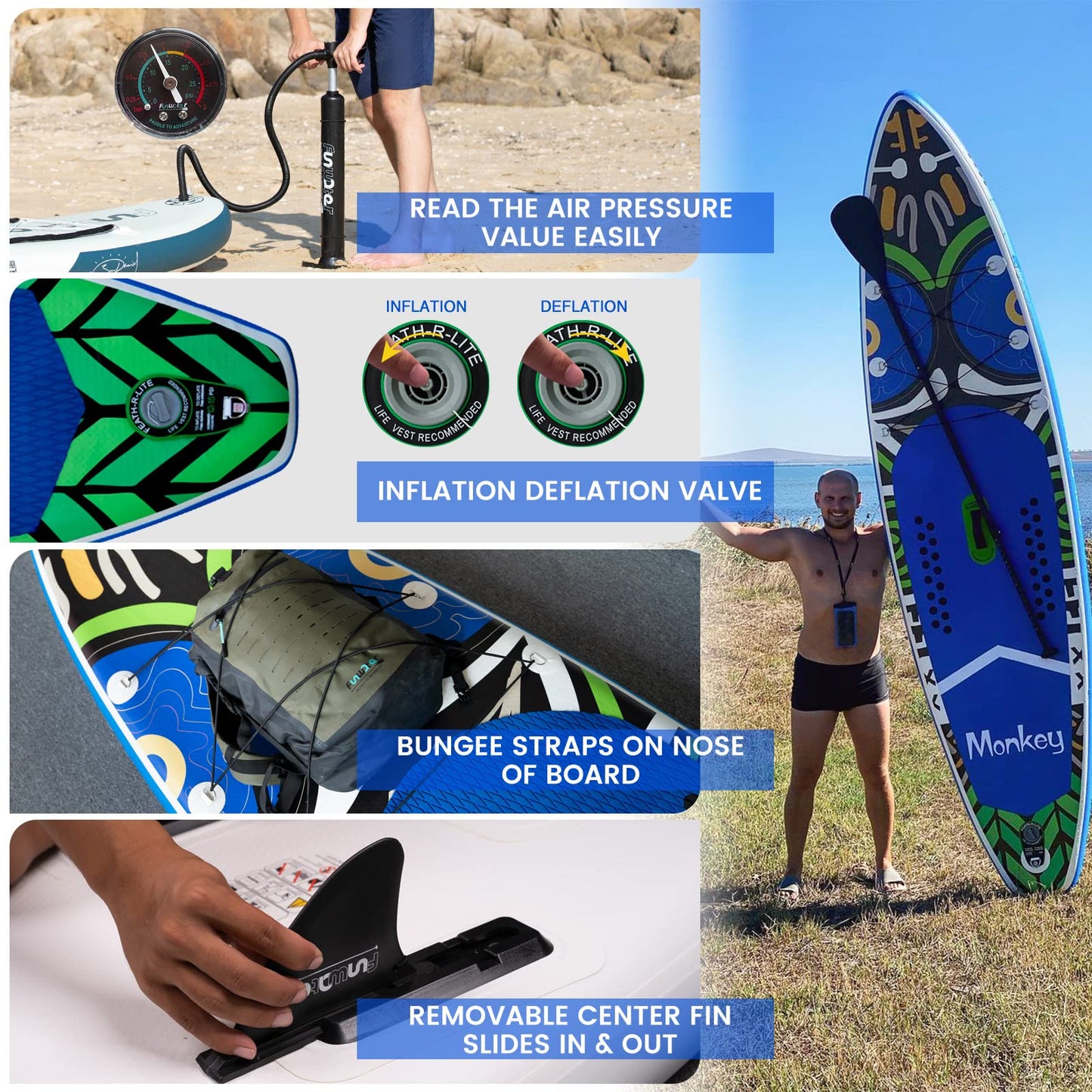 Inflatable Stand up Paddle Board Surfboard Complete Paddleboard Accessories Adjustable Paddle, Pump, ISUP Travel Backpack, Leash, Waterproof Bag, Adult Paddle Board SUPFR02A