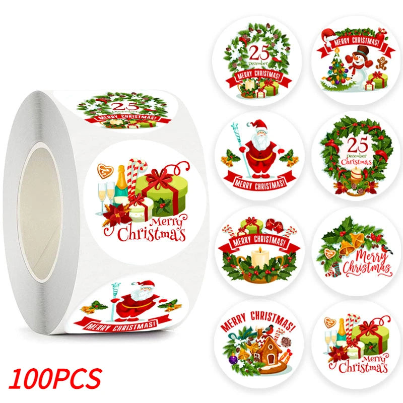Merry Christmas Stickers Self-Adhesive Christmas Tree Santa Claus Seal Labels Holiday Stickers for Gift Sealing Christmas Decor
