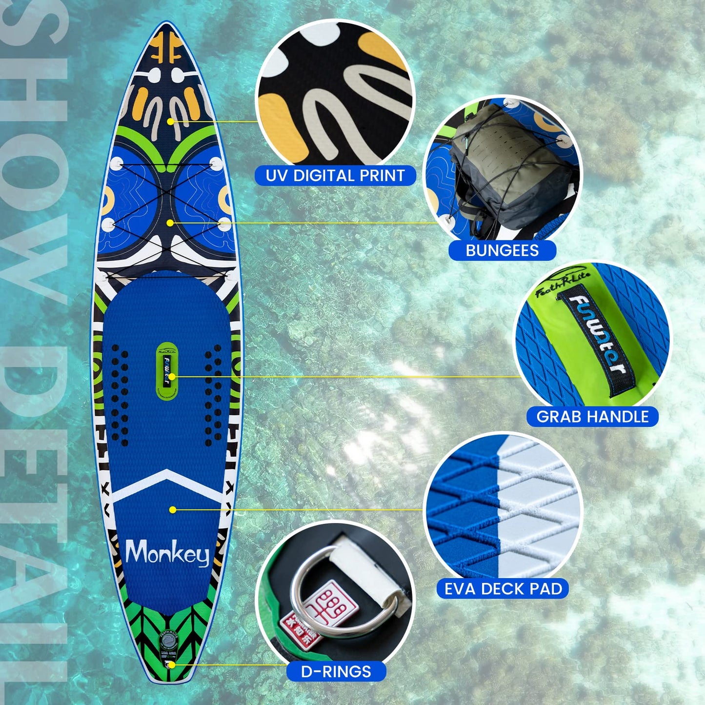 Inflatable Stand up Paddle Board Surfboard Complete Paddleboard Accessories Adjustable Paddle, Pump, ISUP Travel Backpack, Leash, Waterproof Bag, Adult Paddle Board SUPFR02A