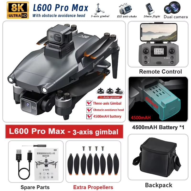 2025 New L600 PRO MAX GPS Drone 5KM 4K Professional HD Dual Camera 3-Axis Gimbal 360 Obstacle Avoidance Brushless Quadcopter Toy