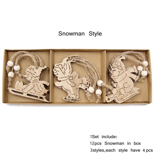 12Pcs/Box Vintage Snowflake Christmas Wooden Pendants Ornaments Christmas Tree Ornaments Christmas Decorations Hanging Gifts