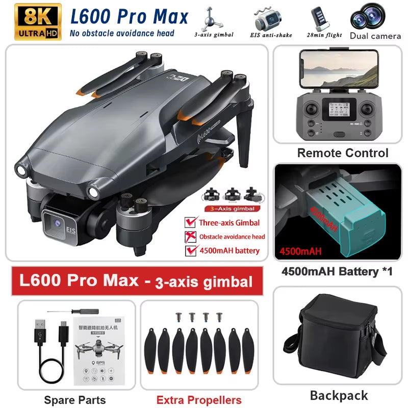 2025 New L600 PRO MAX GPS Drone 5KM 4K Professional HD Dual Camera 3-Axis Gimbal 360 Obstacle Avoidance Brushless Quadcopter Toy